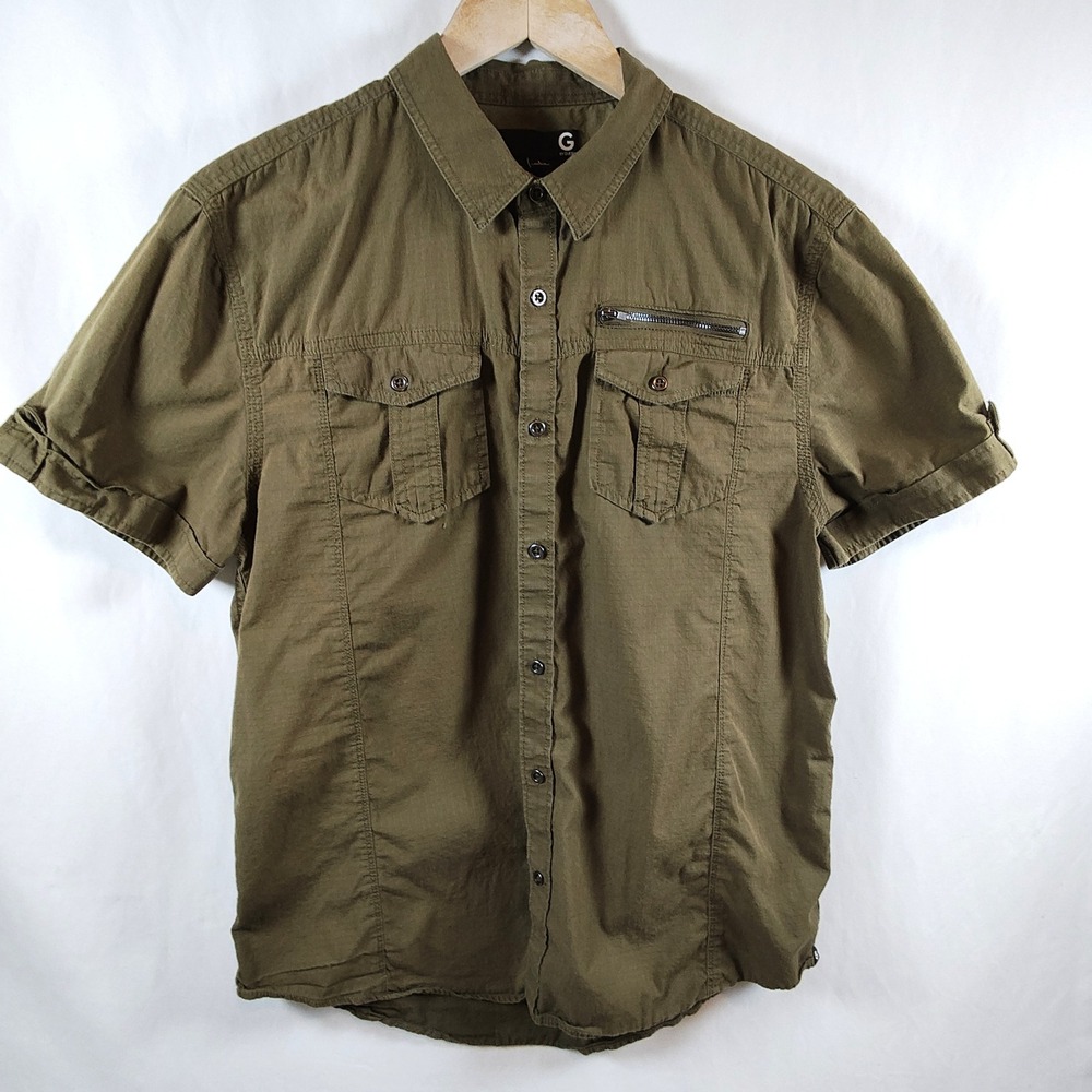 G by Guess Button‑Up Men's Large Short Sleeve  Ripstop Olive Green